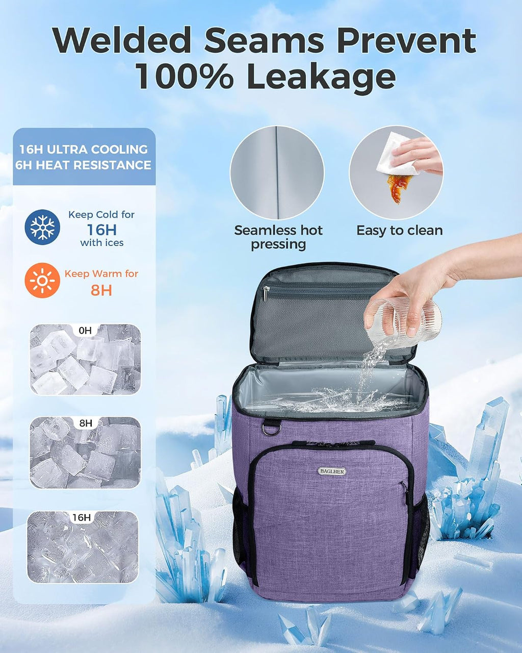 BAGLHER Lightweight Insulated Cooler Backpack - 30 Cans, Leak-Proof for Lunch, Picnic, Hiking, Camping Trips