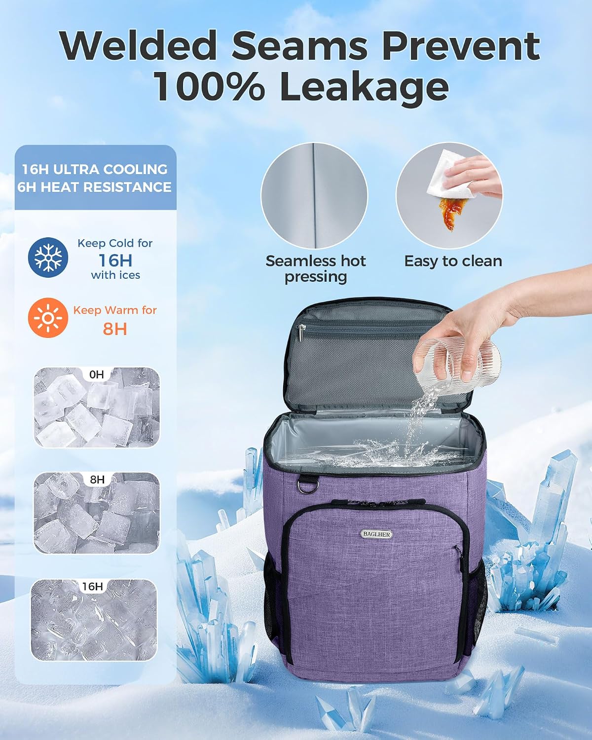 BAGLHER Lightweight Insulated Cooler Backpack - 30 Cans, Leak-Proof for Lunch, Picnic, Hiking, Camping Trips