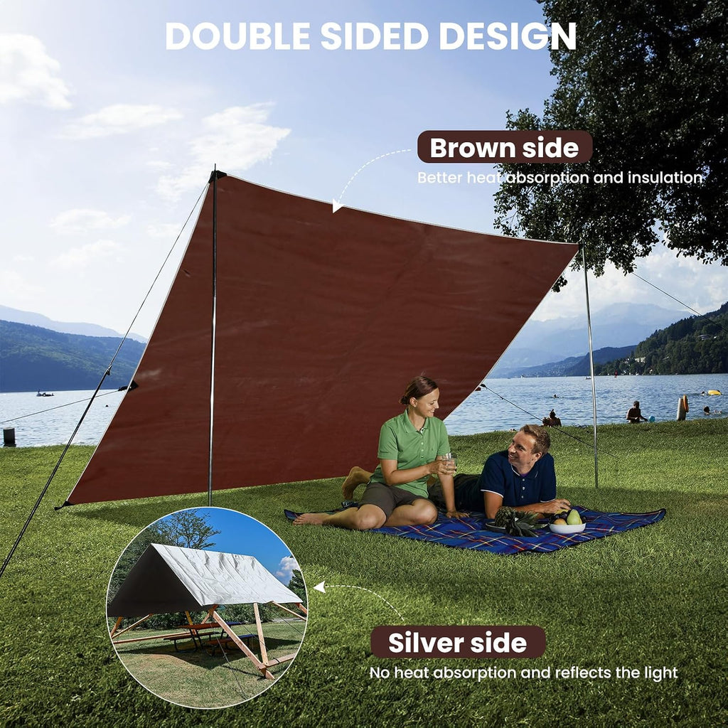 Sunvigor Tarp Waterproof 10x20Ft, Heavy Duty Tarp Cover Extra Thick 14 Mil Tear and UV Resistant, Outdoor Tarps with Grommets and Reinforced Edges for Roof, Camping, Patio, Pool, Boat (Silver/Brown)
