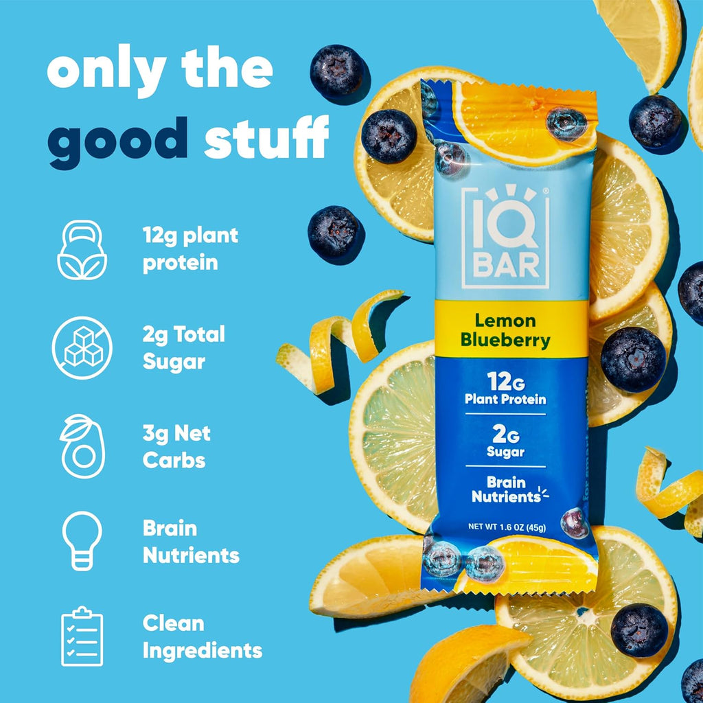 IQBAR Clean Protein Bars, Low Sugar Keto, Lemon Blueberry 24-Count