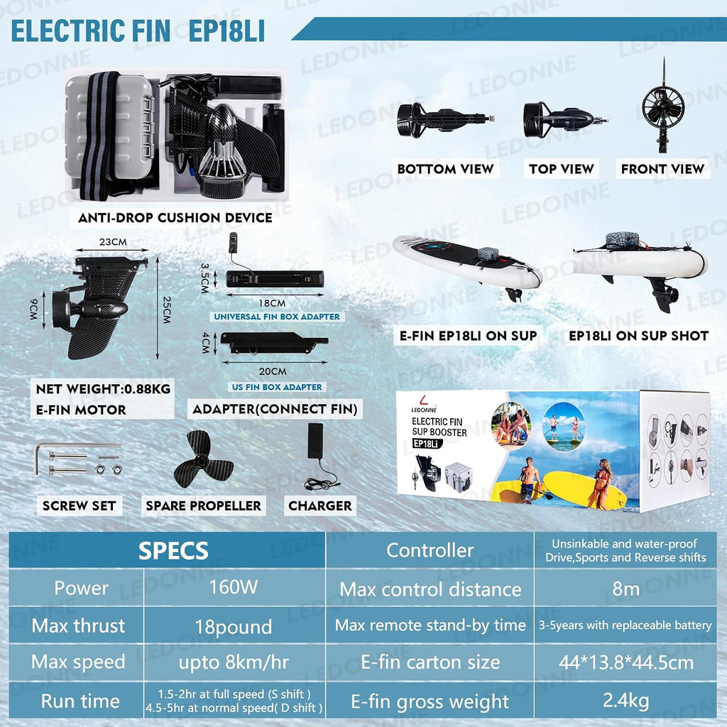 LEDONNE SUP Electric Fin Underwater Thruster Electric Surfboard Electric Surf Fin Electric Fin Thruster for Surfboard Electric SUP Fin Kit