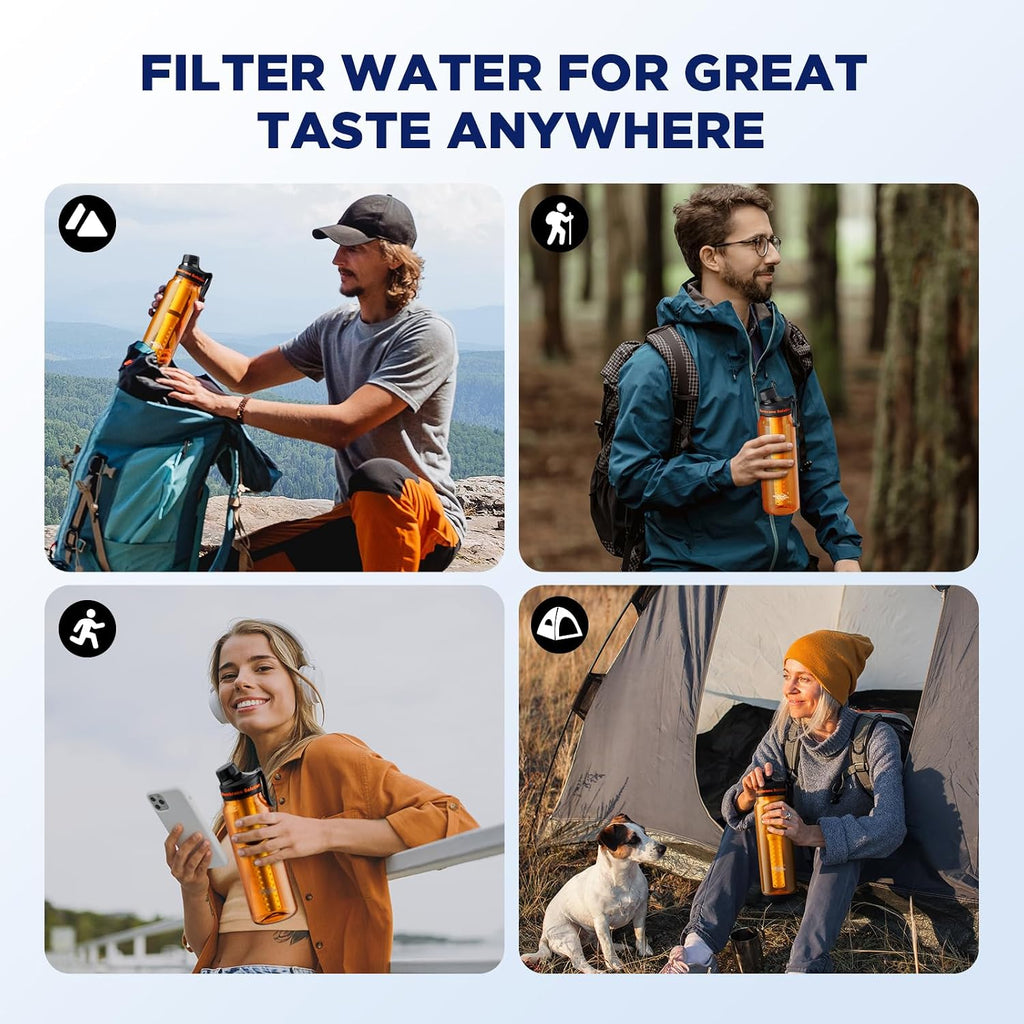 Membrane Solutions C3 Filtered Water Bottle, 36oz BPA-Free Bottle with Replaceable ACF+UF Filter Cartridge, Portable Water Filter, Travel, Hiking & Camping for Drinking Water Anywhere(Orange)