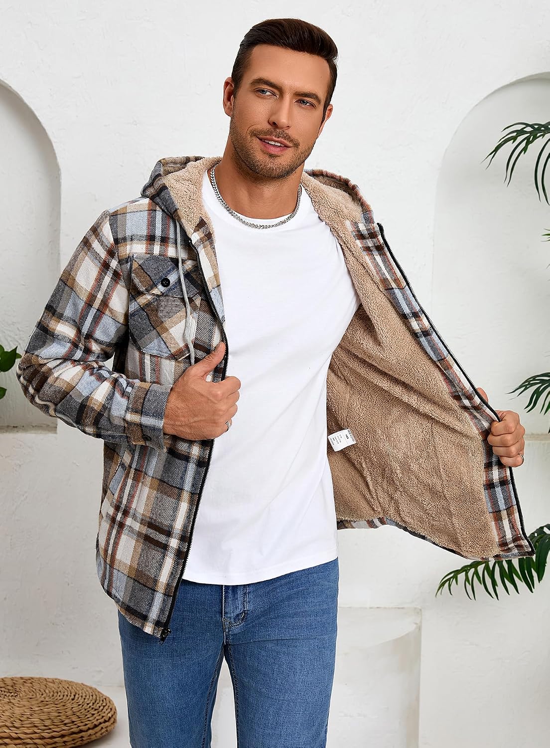 Men's Zip Up Flannel Shirt Jacket Fleece Lined with Hood