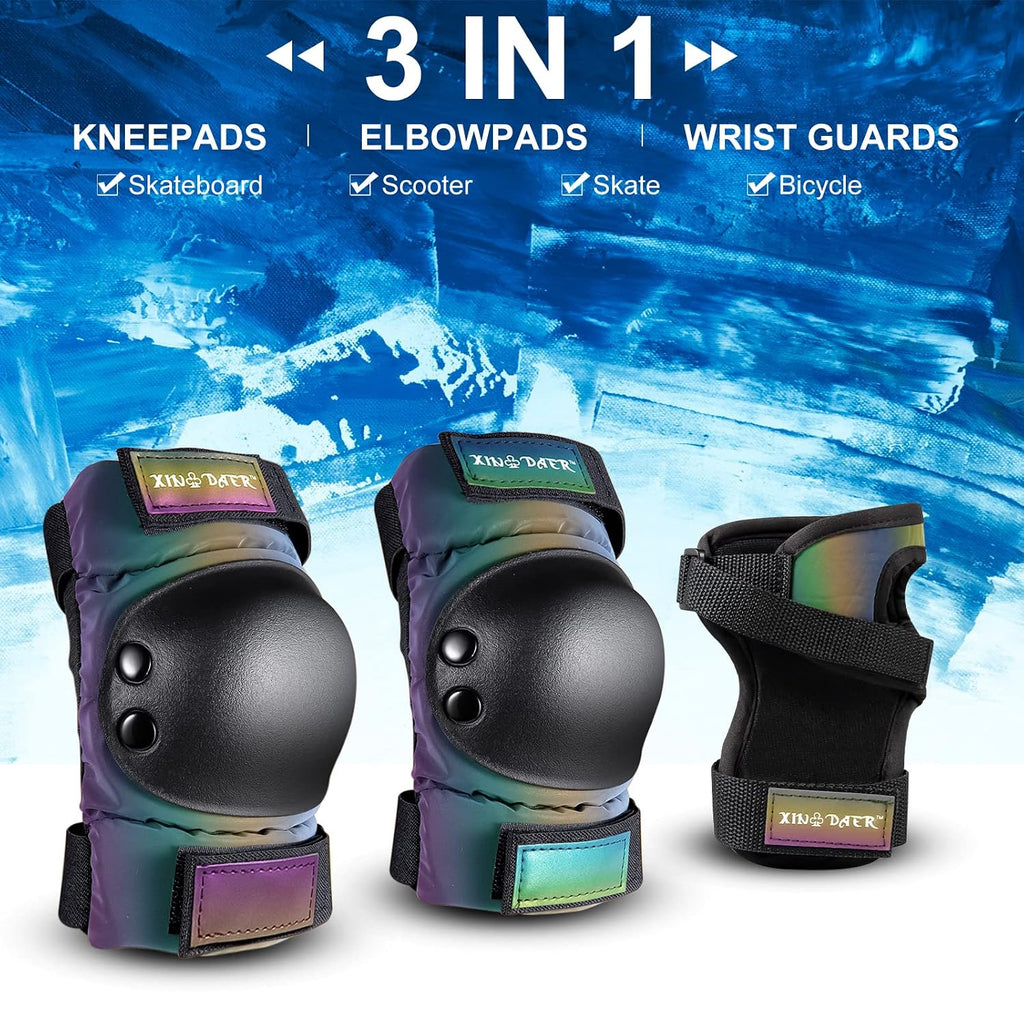 Adult/Kids/Youth Knee Pad Elbow Pads, Womens Skate Protective Gear Set 3 in 1 Knee and Elbow Pads Wrist Guards for Skateboard, Roller Skates, Skating, Scooter, Inline Skates, Cycling