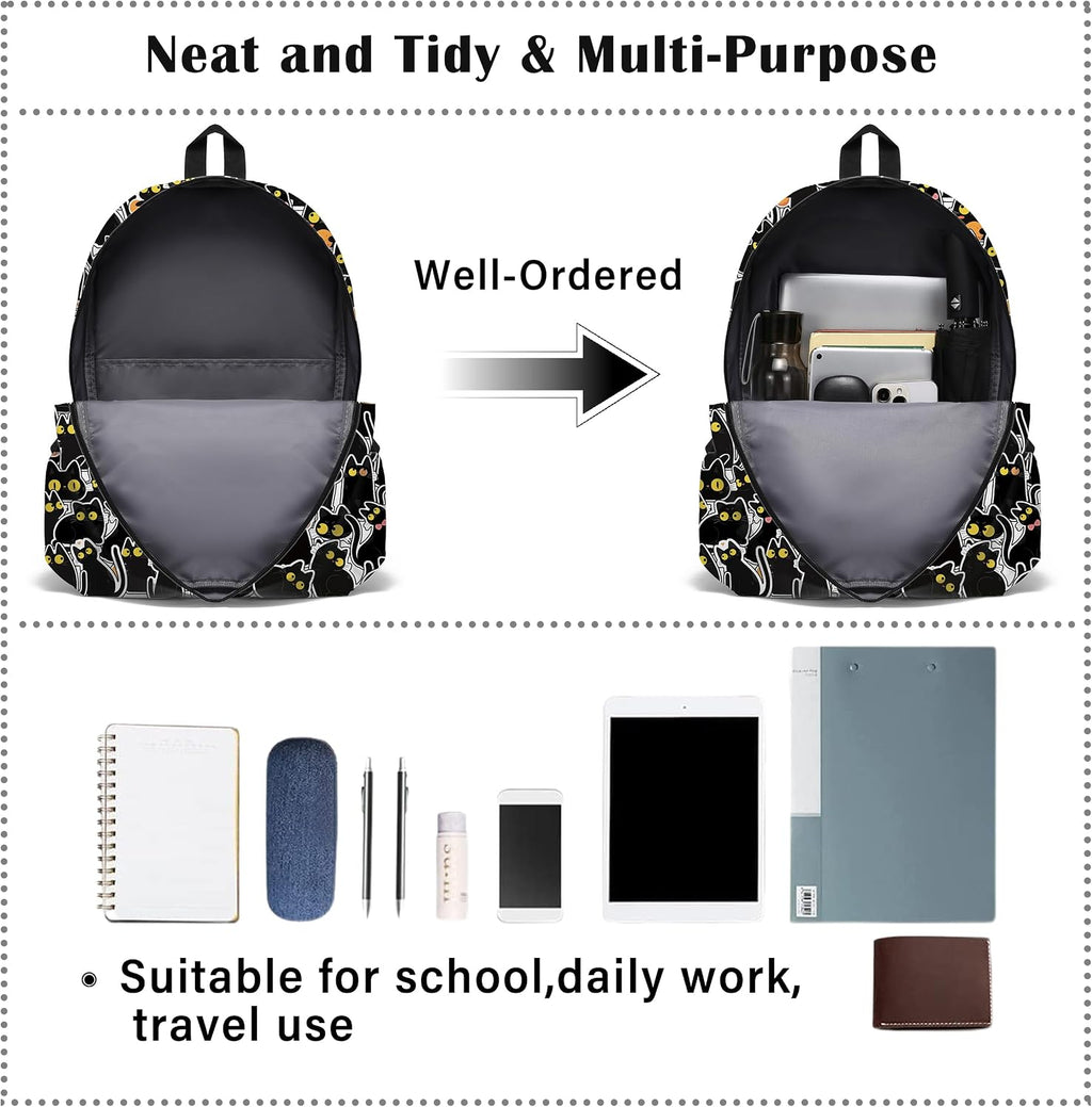 Funny Black Cat School Backpack for Girls Boys Bookbag, 17 Inch Animals Theme Laptop Back Pack for School Travel Hiking Camping