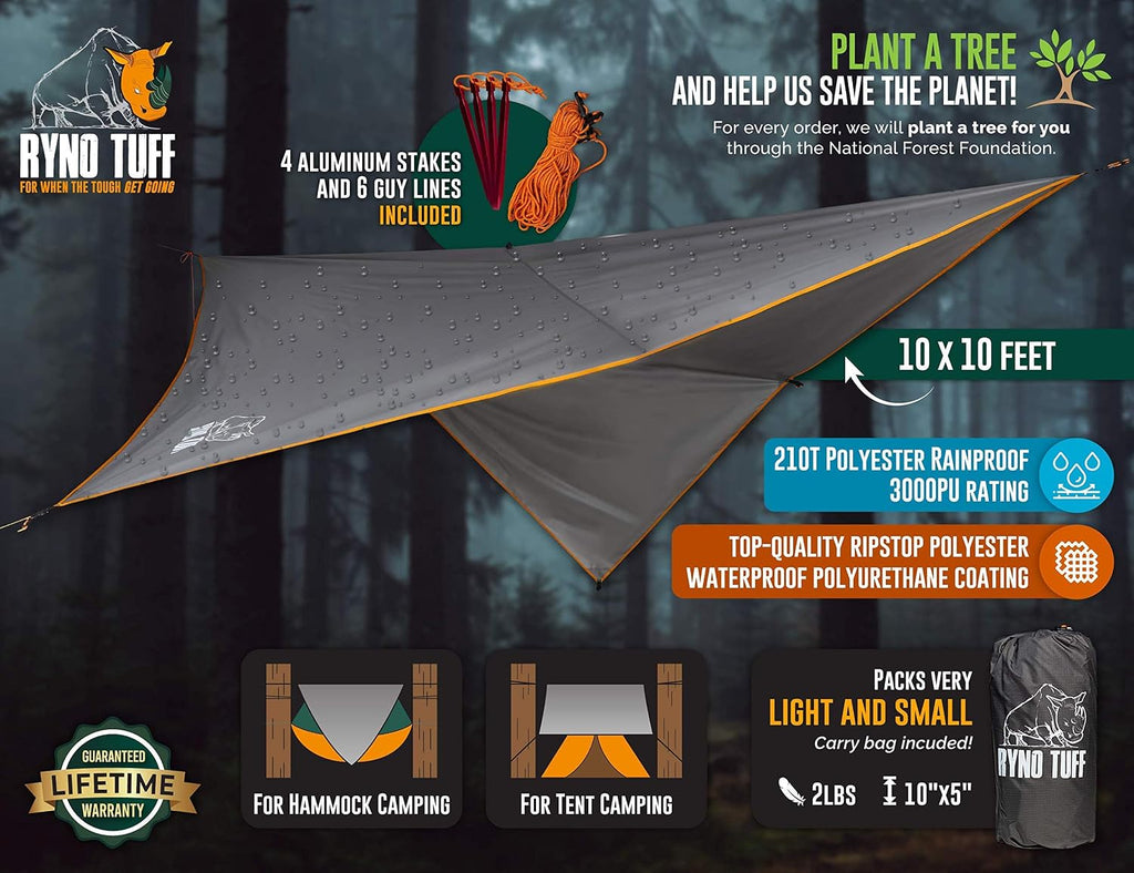 Ryno Tuff Hammock Rain Fly - Camping Tarp 10x10 Foot, The Tent Tarp is Waterproof Rated at 3000MM - Hammock Tarp Includes Aluminum Stakes and Guy Lines. Ultralight and Ultra-Durable