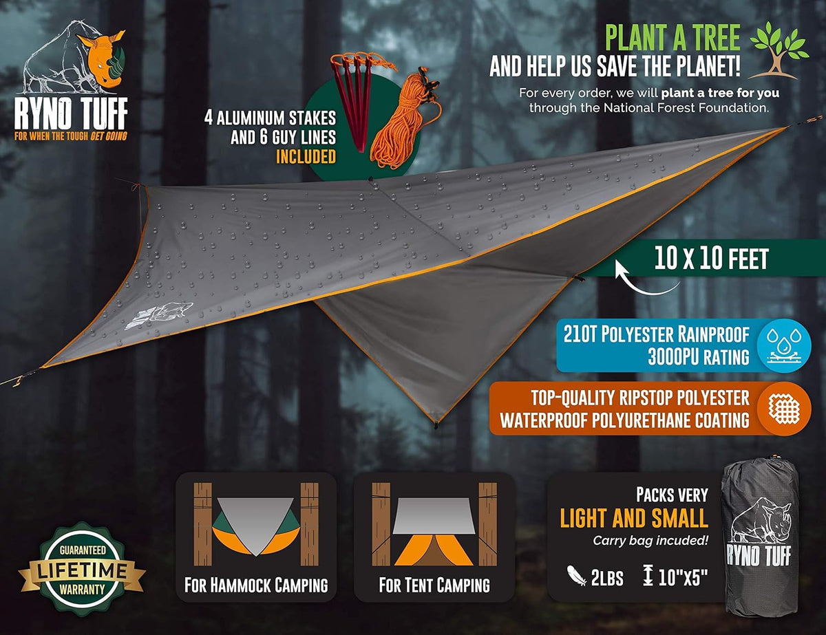 Ryno Tuff Hammock Rain Fly - Camping Tarp 10x10 Foot, The Tent Tarp is Waterproof Rated at 3000MM - Hammock Tarp Includes Aluminum Stakes and Guy Lines. Ultralight and Ultra-Durable