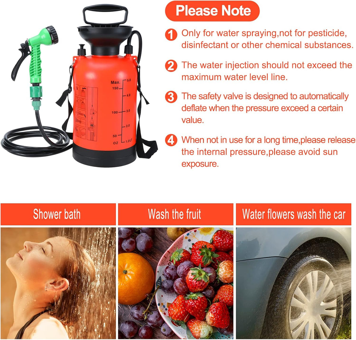 SearQ Portable Camping Shower with 7 Spray Modes, Hand Press Shower with Removable Hose and Head, Pressure Rinse Kit for Hiking, Traveling, Garden, Beach, Pet