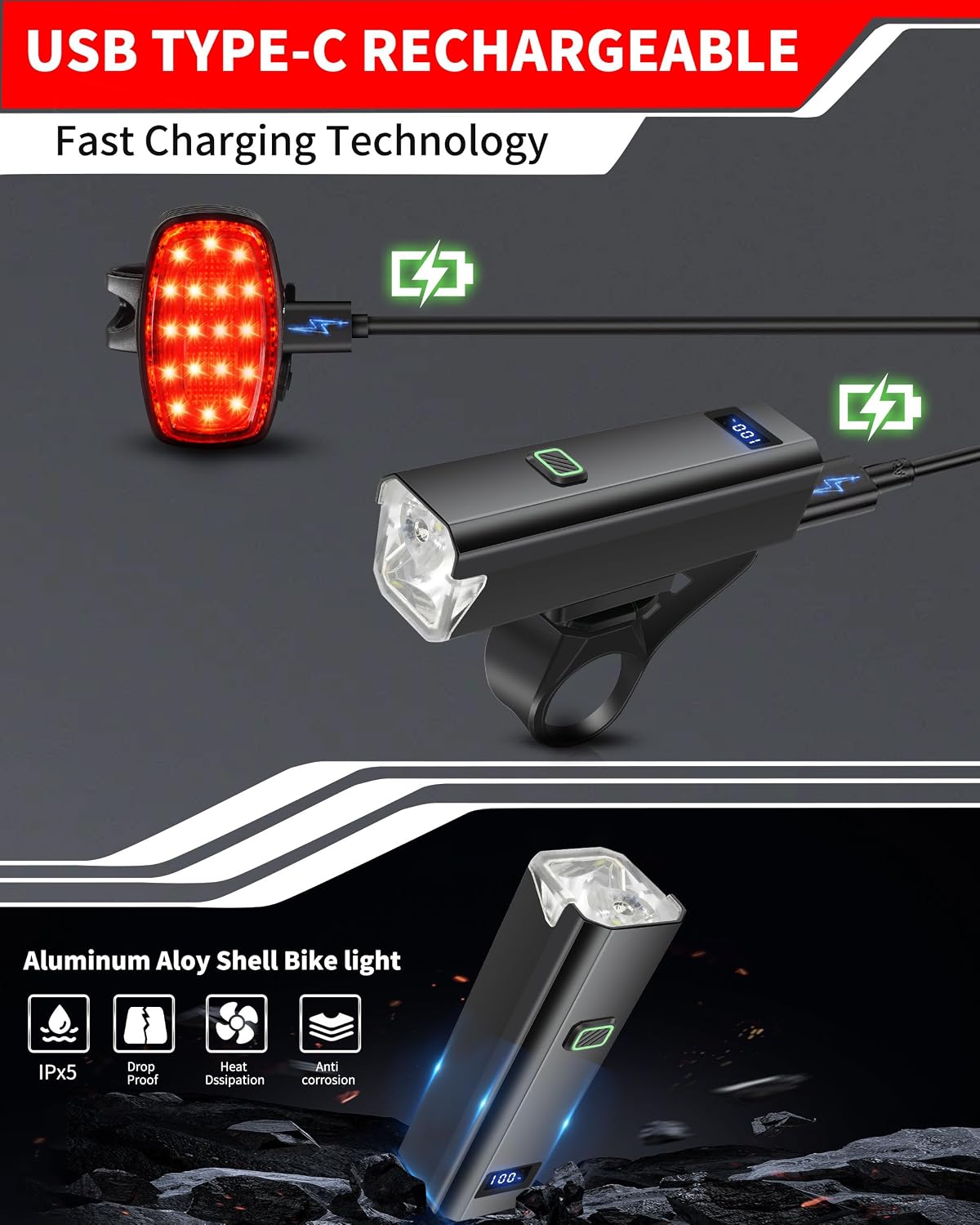 DARKBEAM 6000LM Bike Headlight USB- C Rechargeable, High Lumen Super Bright Bike Light Set for Night Riding, 12+5 Modes Waterproof Bicycle Lights for Road, Mountain, Cycling