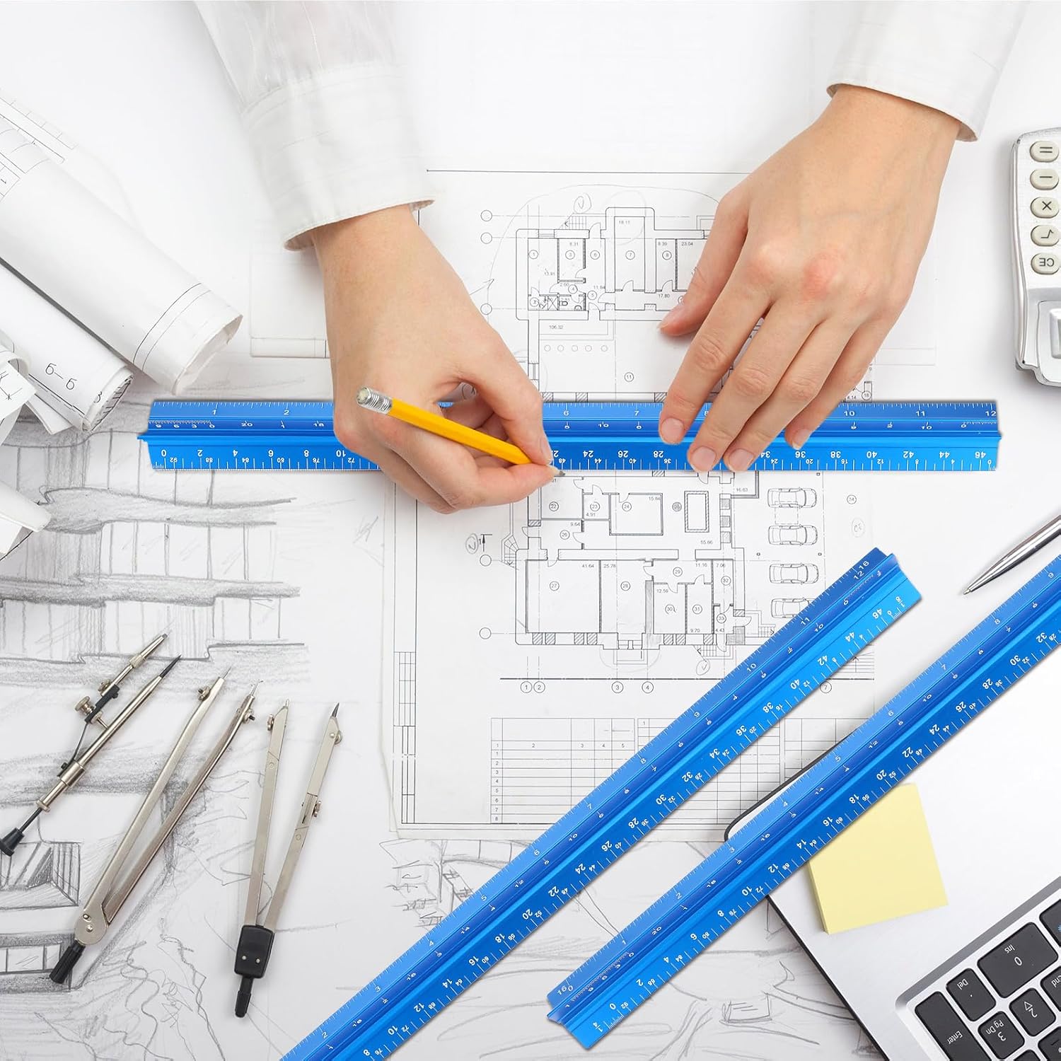 Macarrie 10 Pcs Architectural Scale Ruler 12" Engineers Scale Set, Blue