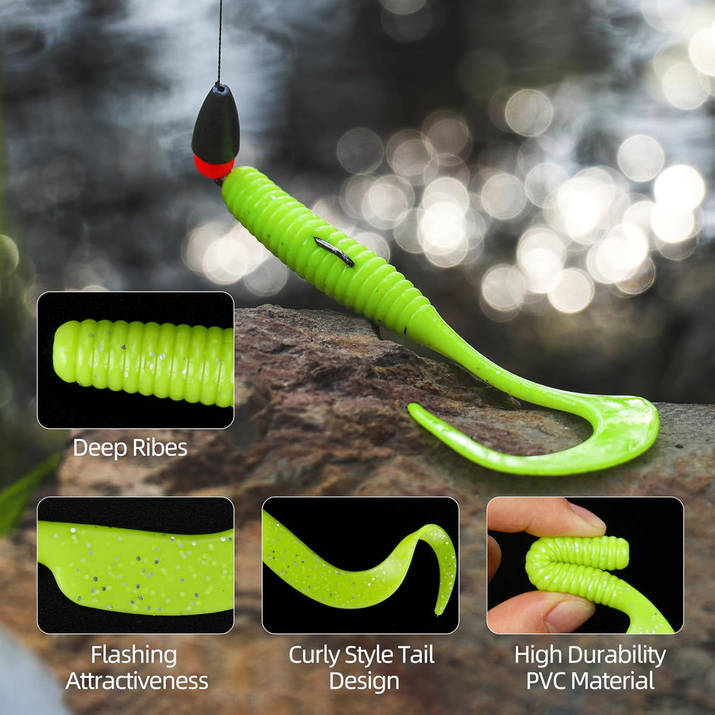 Curly Style Tail Worms Fishing Lures – Realistic Wavy Tail Soft Bait Grub Swimbaits for Saltwater & Freshwater Fishing, Available in 4 Inch & 6 Inch, Perfect for Bass, Trout, Crappie, & More