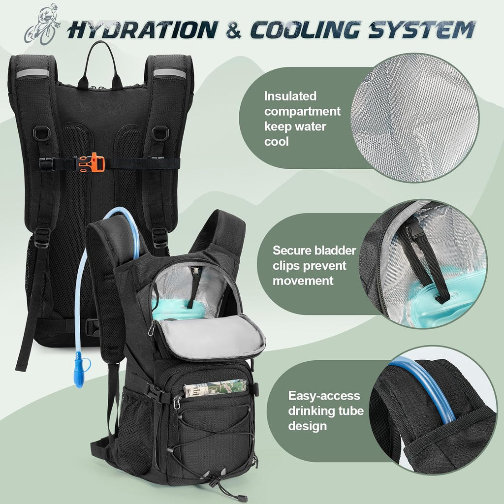 RAINSMORE Hydration Backpack with 2L Water Bladder, 15L Lightweight Hiking Backpack for Women & Men Small Insulated Hydration Water Pack for Hiking, Running, Cycling, Biking