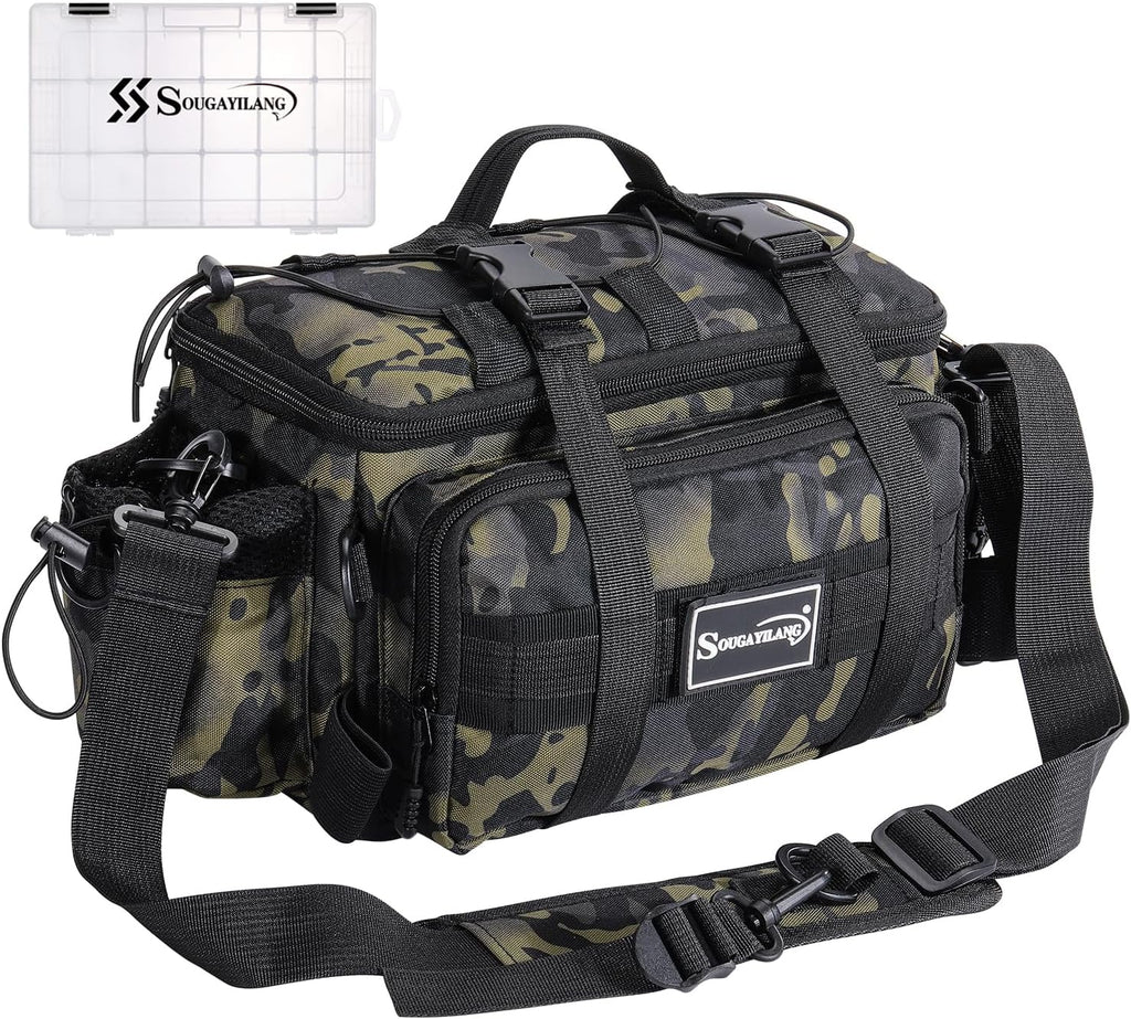 Sougayilang Fishing Tackle Bags with 3600 Tackle Tray - Fishing Tackle Storage Bags for Saltwater or Freshwater Fishing Gear - Padded Shoulder Strap - Tackle Box Bag Fishing Bag(Green)