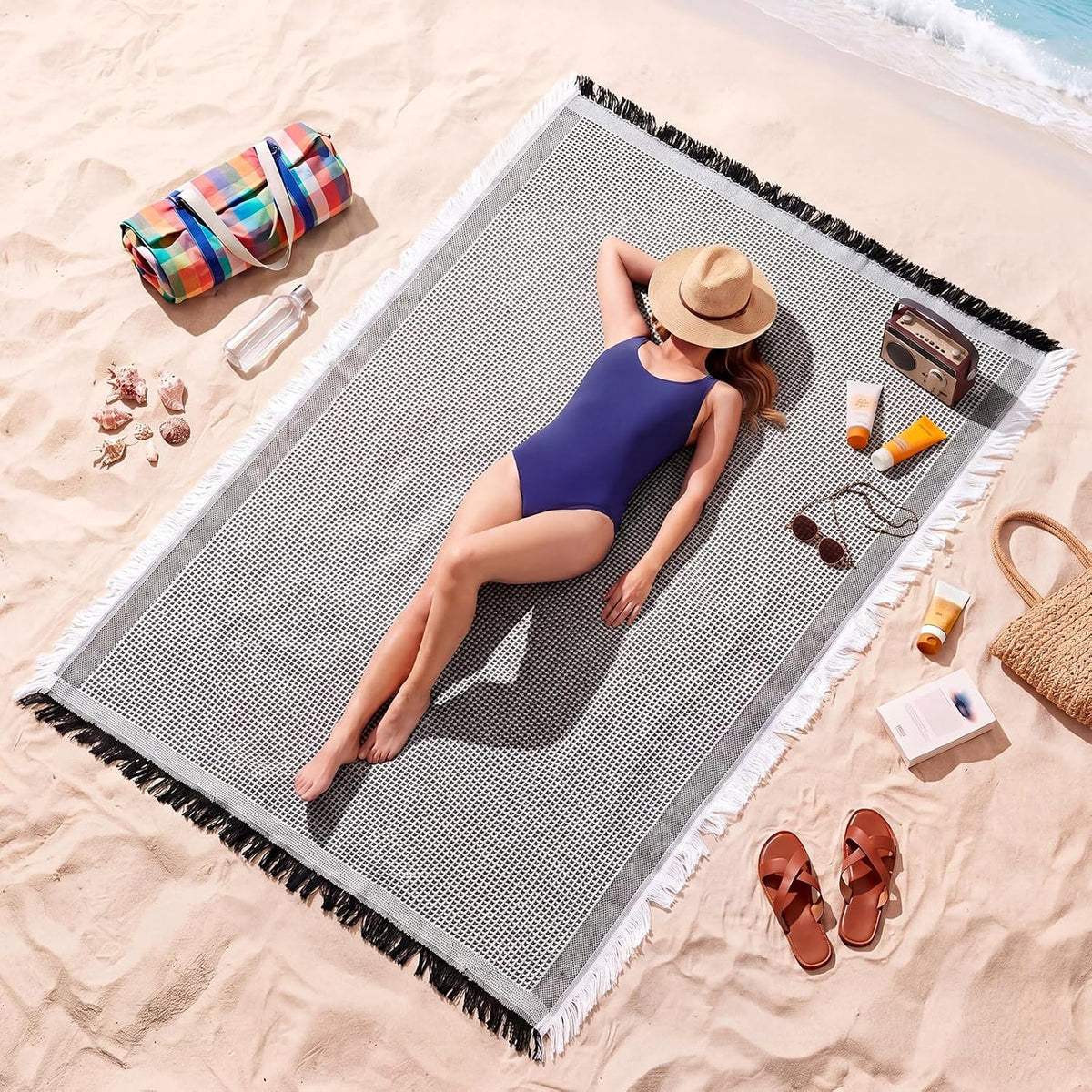 91x71 in Beach Blanket Picnic Blanket Cotton, Milky White, Waffle