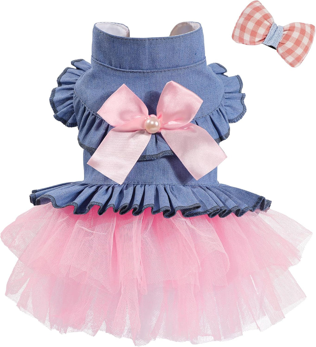 Dog Dress, Fashion Puppy Tutu Princess Dresses for Small Dogs Girl, Sweet Skirt with Dog Bowknot Clips, Spring Dog Cat Clothes Pet Apparel (Denim Princess Dress, XX-Small)