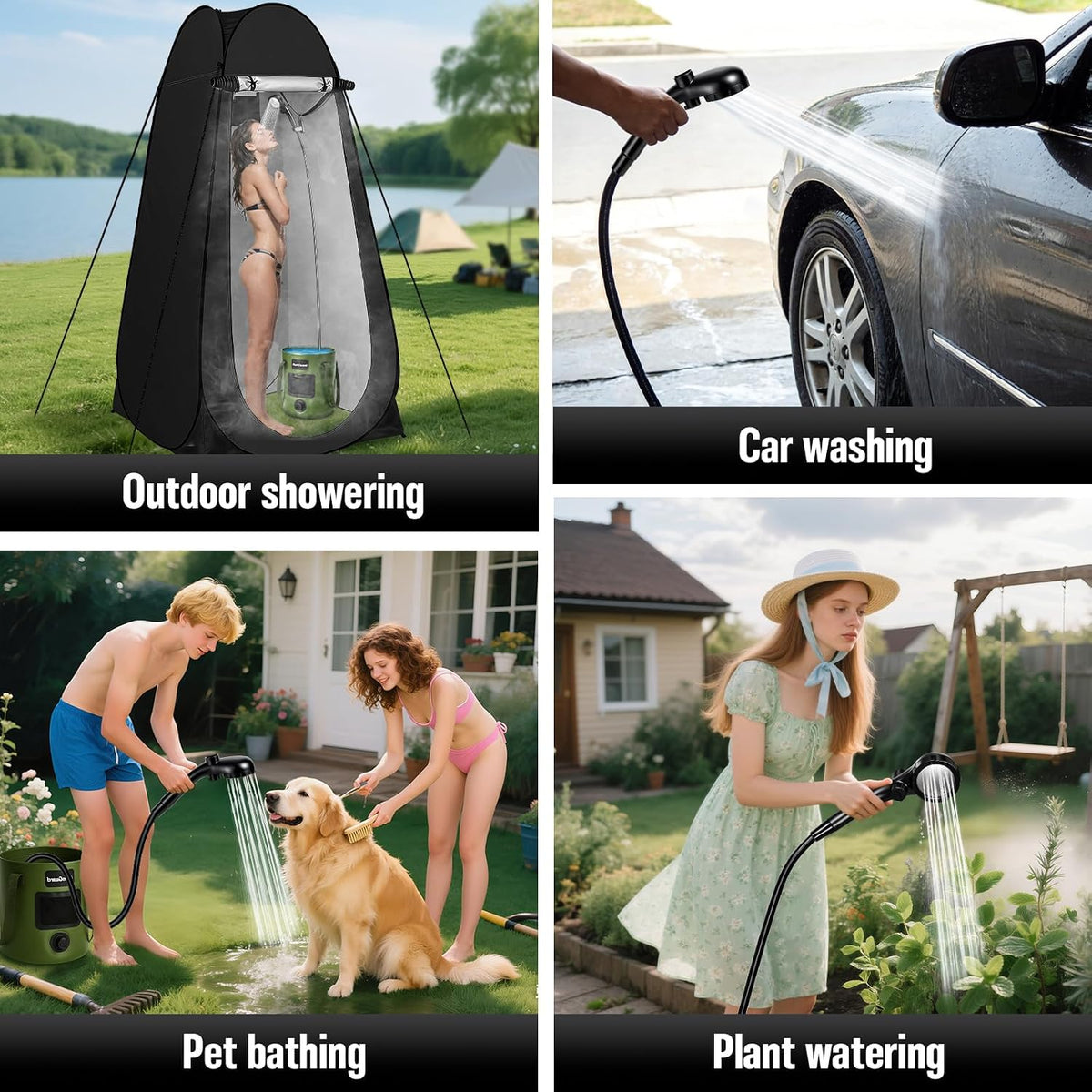 Portable Shower with Heater, Pop up Shower Privacy Tent with LED Lights, 6000mAh Camp Shower Pump, 6.6 Gallons Foldable Bucket, Outdoor Camping Shower Kit for Hiking, Beach, Pet Bath, Car Wash (Black)