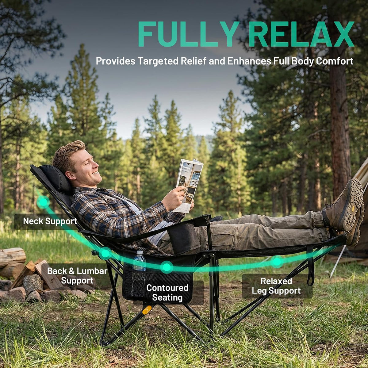 Overmont Reclining Camping Chair with Footrest - 4-Position Adjustable