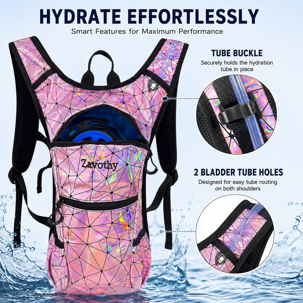 Zavothy Rave Hydration Backpack with 3L Bladder, Colorful Festival Hydration Pack with Side Pockets, Lightweight Water Backpack for EDM, Music Festivals, Hiking & Cycling