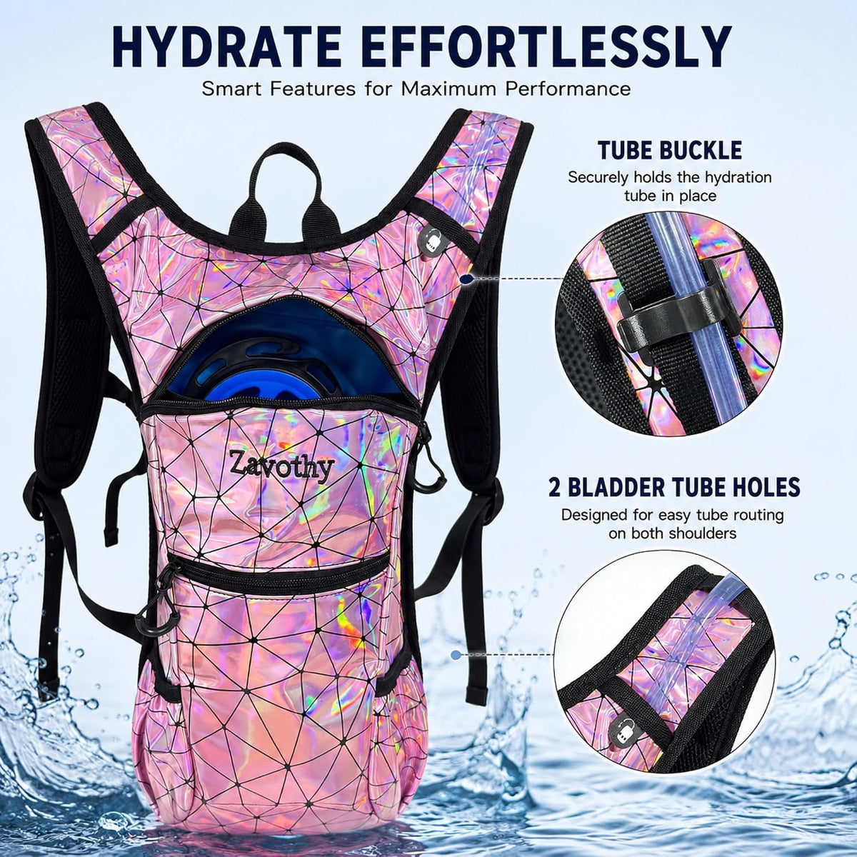 Zavothy Rave Hydration Backpack with 3L Bladder, Colorful Festival Hydration Pack with Side Pockets, Lightweight Water Backpack for EDM, Music Festivals, Hiking & Cycling
