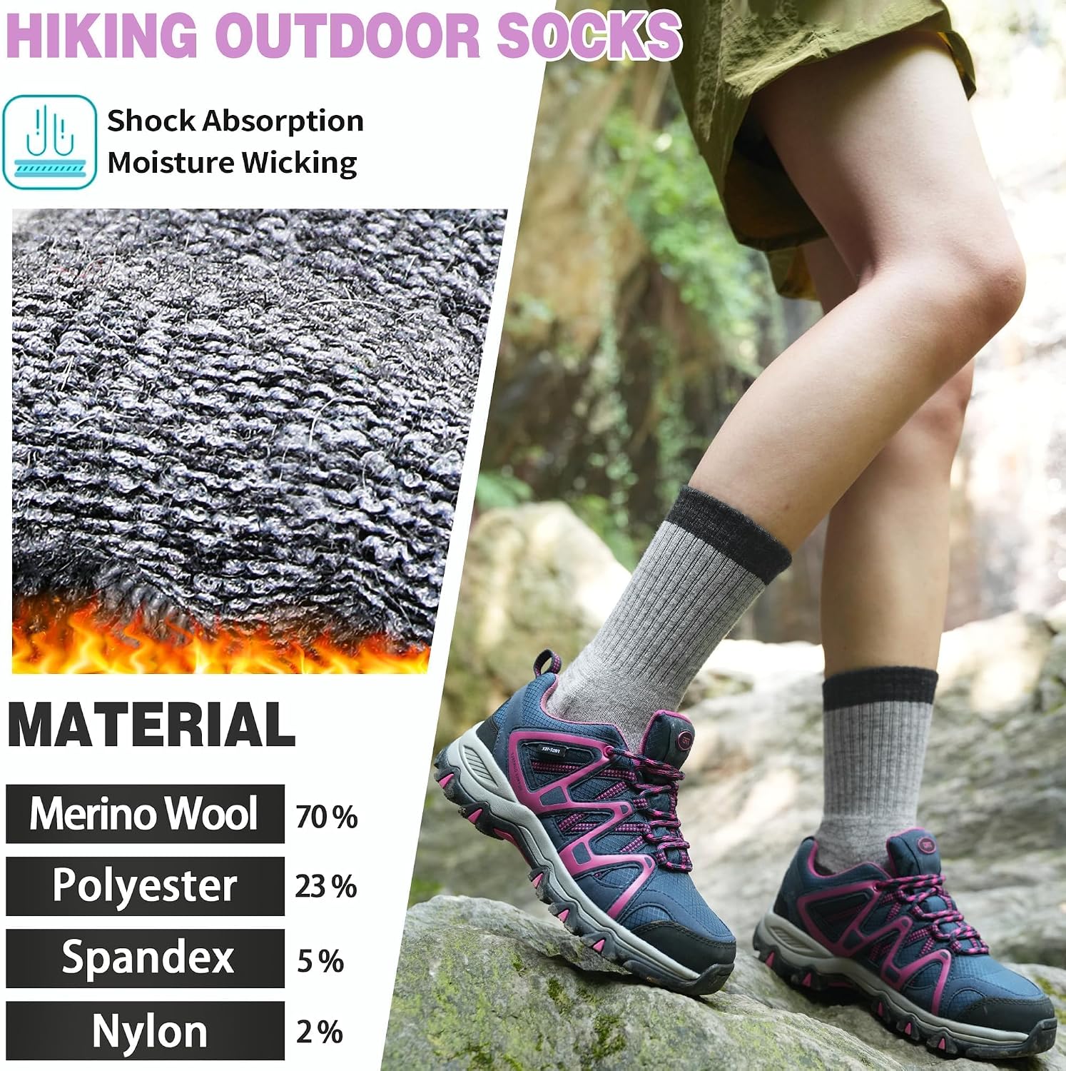 Merino Wool Hiking Socks Thermal Warm Winter Cozy Cushioned Moisture Wicking Crew Socks for Women 5 Pairs