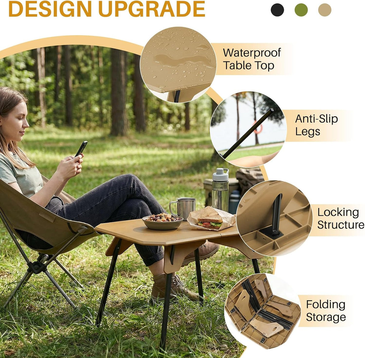 TOPCHANCES Folding Camping Table, Ultralight Aluminum Portable Table with Adjustable Height, 2-in-1 Carry Bag for Outdoor Picnic, Travel, Beach, BBQ & Festival(Khaki)