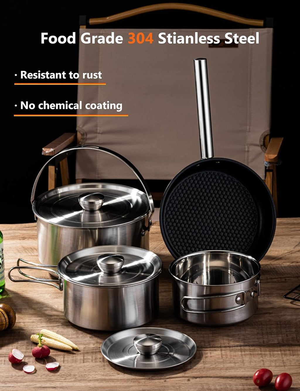 CompactKit Camping Cookware Set Stainless Steel Pots and Pan with Detachable Handle and Oxford Cloth Bag, for 4-8 Mess Kit with Utensils for Camp Kitchen, Picnic, BBQ, Traveling, Emergency