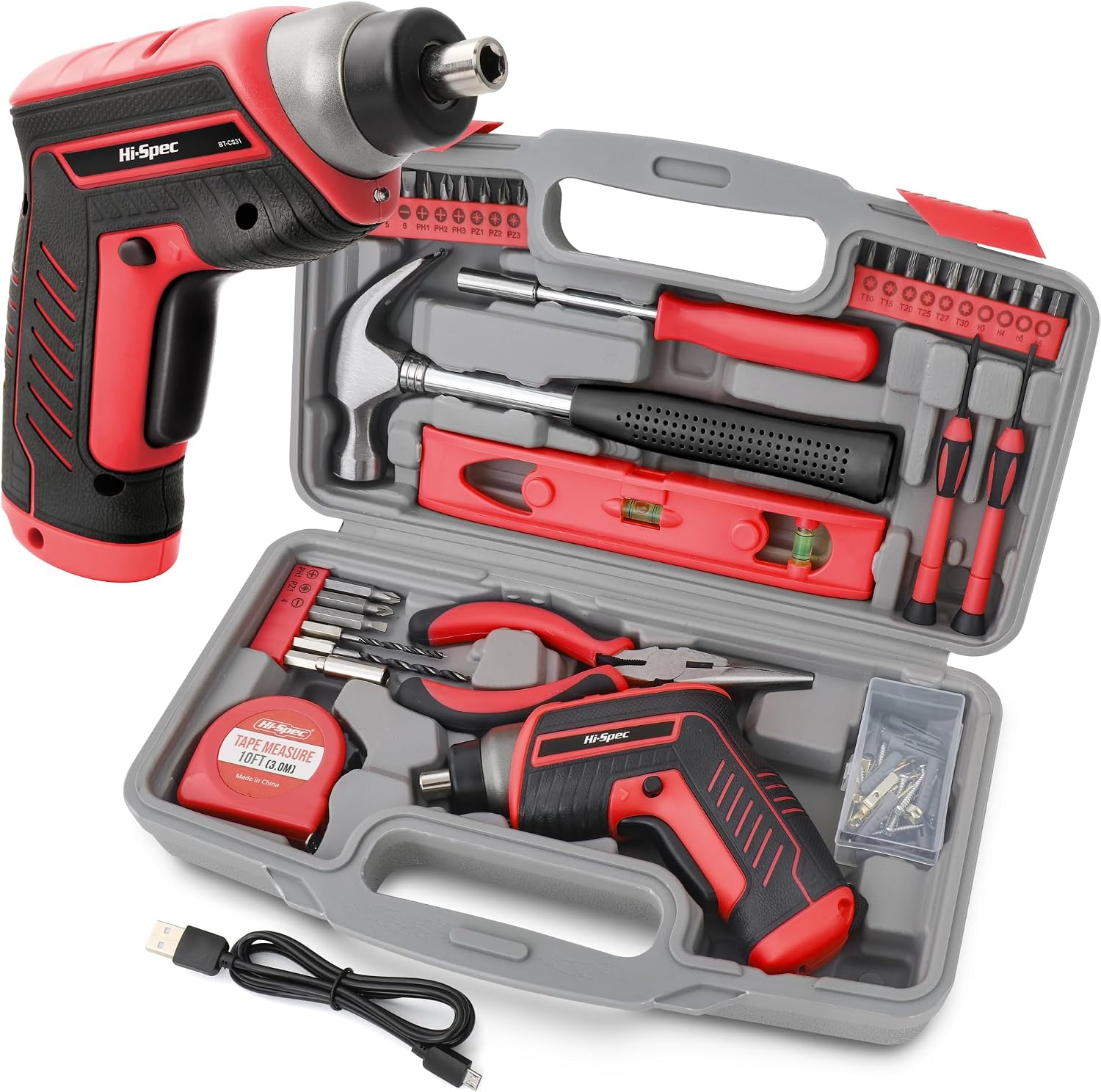Hi-Spec 3.6V USB Electric Screwdriver for Home Repairs and Assembly, Red