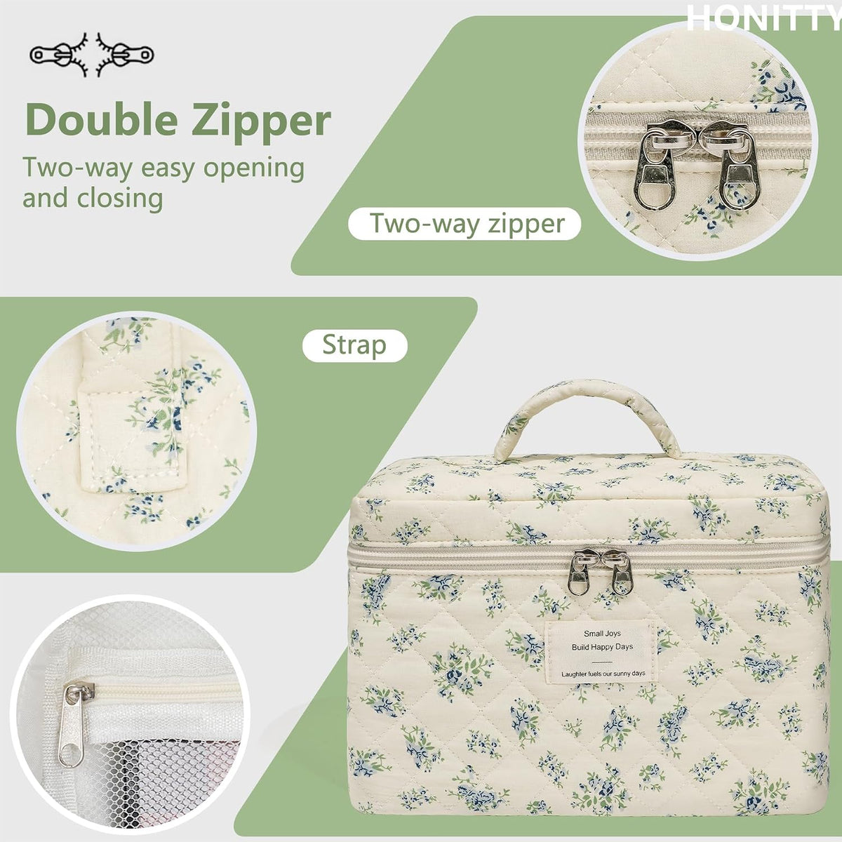 honitty Makeup Bag,Quilted Cosmetic Bags,Large Floral Make Up Organize bag,Makeup Bag Set for Women,Flower Travel Toiletry Bag