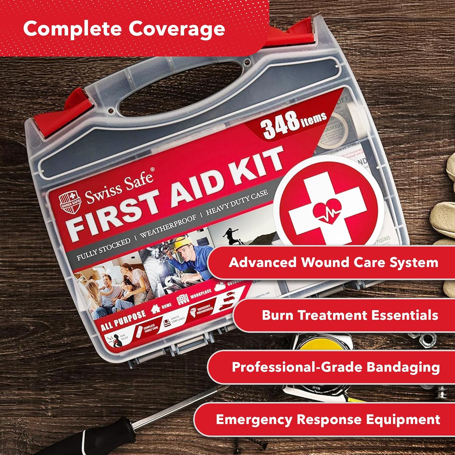 Swiss Safe 2-in-1 348 Pcs Large First Aid Kit for Camping, Travel & Car