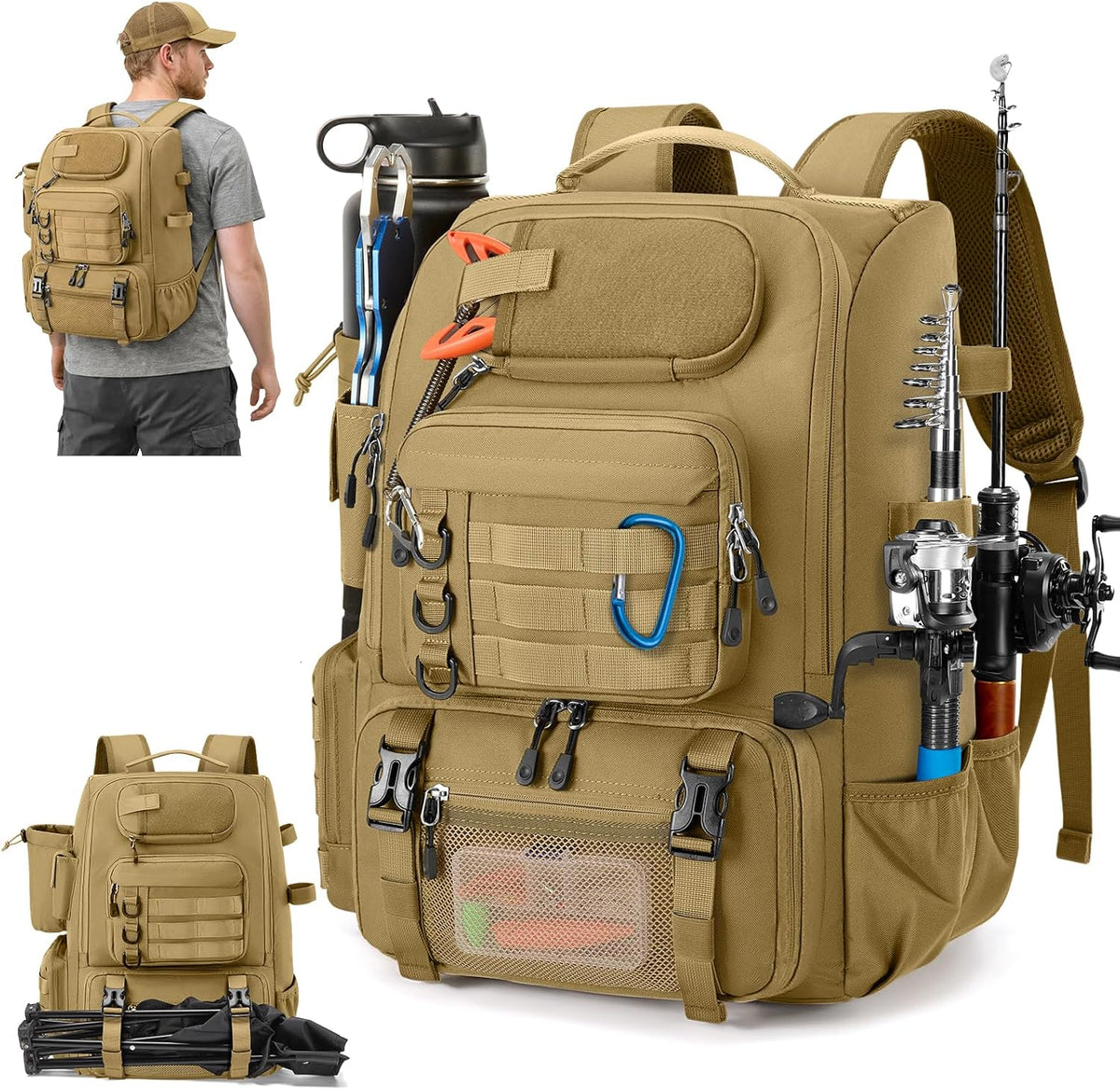 RAINSMORE Fishing Backpack 40L Tackle Backpack with Rod Holders & Cooler
