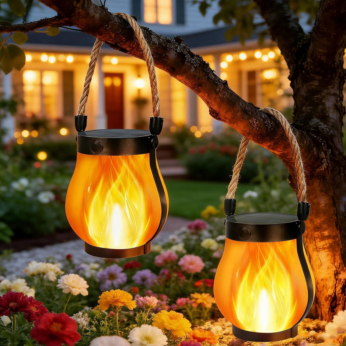 2 Pack Solar Lantern Lights Outdoor Waterproof Flickering Flame Light, Solar Lights with Dual Charging (USB/Solar) & 4 Modes Hanging Camping Light for Yard Patio Path Tree Porch Garden Decoration