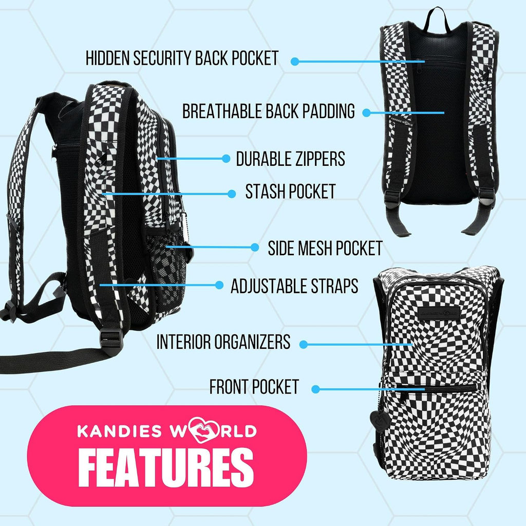 Kandies World Reflective Festival Hydration Pack - 2L Hydropack for Raves, Hiking, Biking, Running, and More (with Anti-Theft Pocket)
