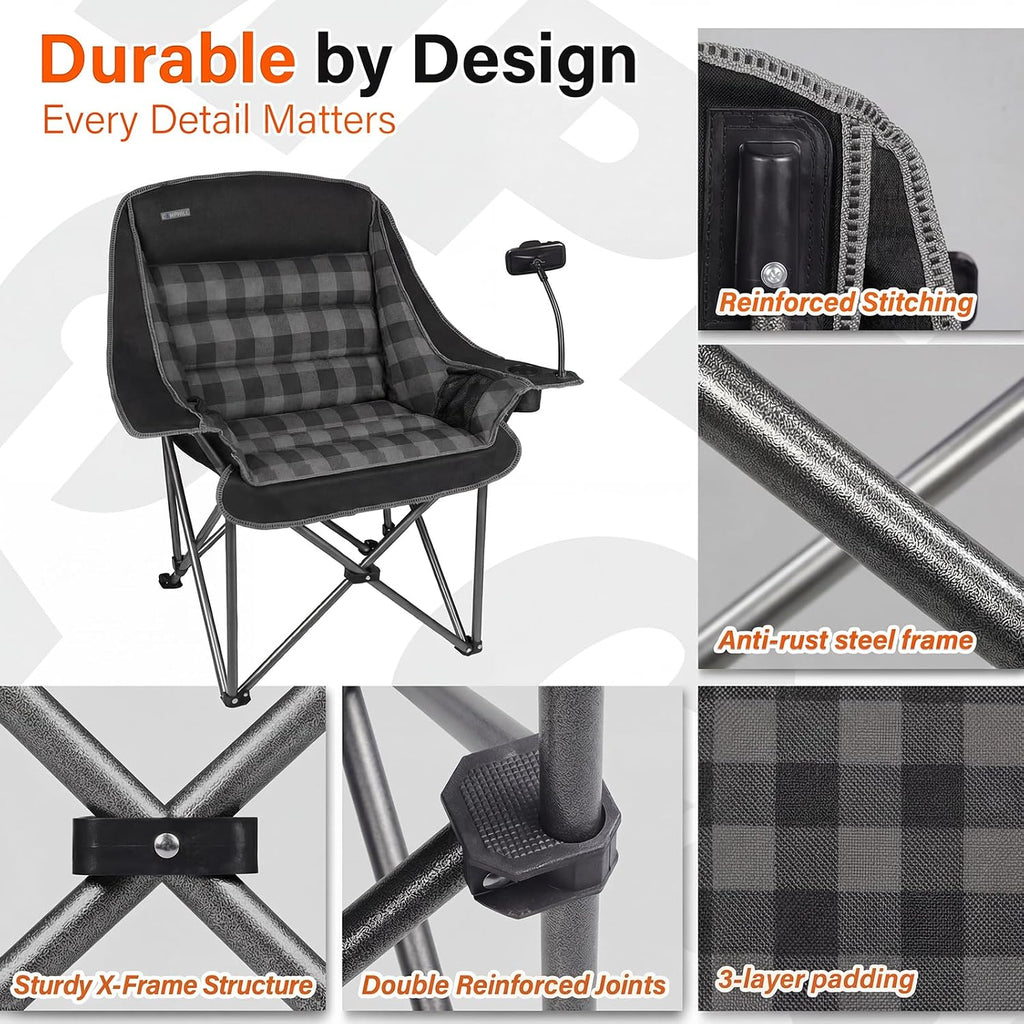 Oversized Camping Chairs for Adults- Heavy Duty Extra Large Lawn Chair,Folding Comfy Padded Camp Chair for Outdoor Sports Garden Beach,Wide&Thick,Black Plaid