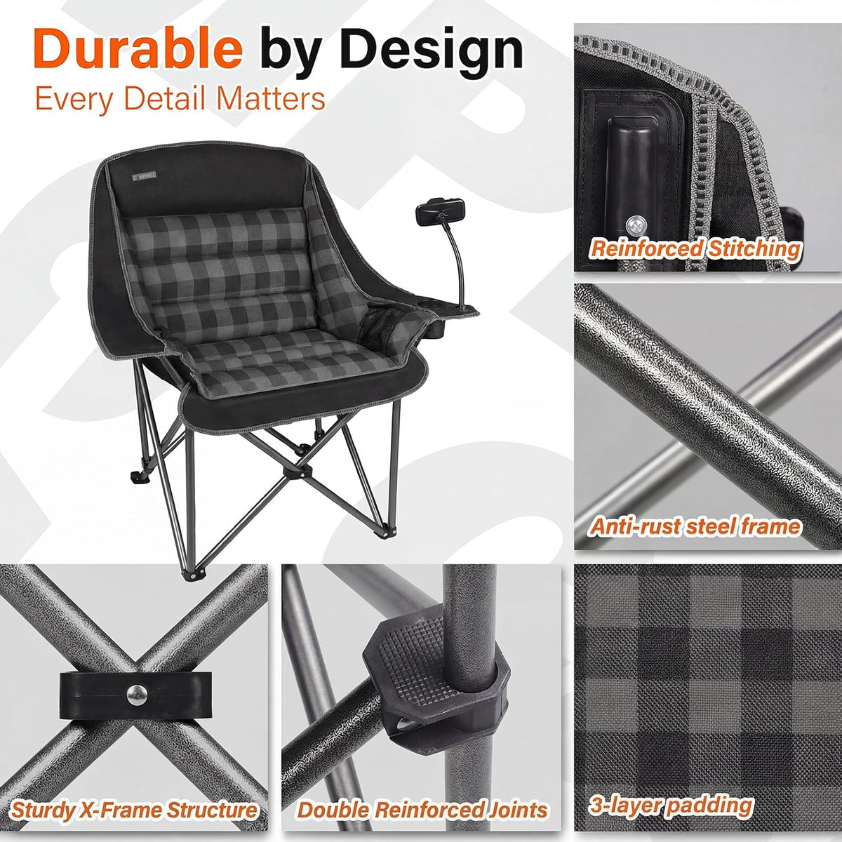 Oversized Camping Chairs for Adults- Heavy Duty Extra Large Lawn Chair,Folding Comfy Padded Camp Chair for Outdoor Sports Garden Beach,Wide&Thick,Black Plaid