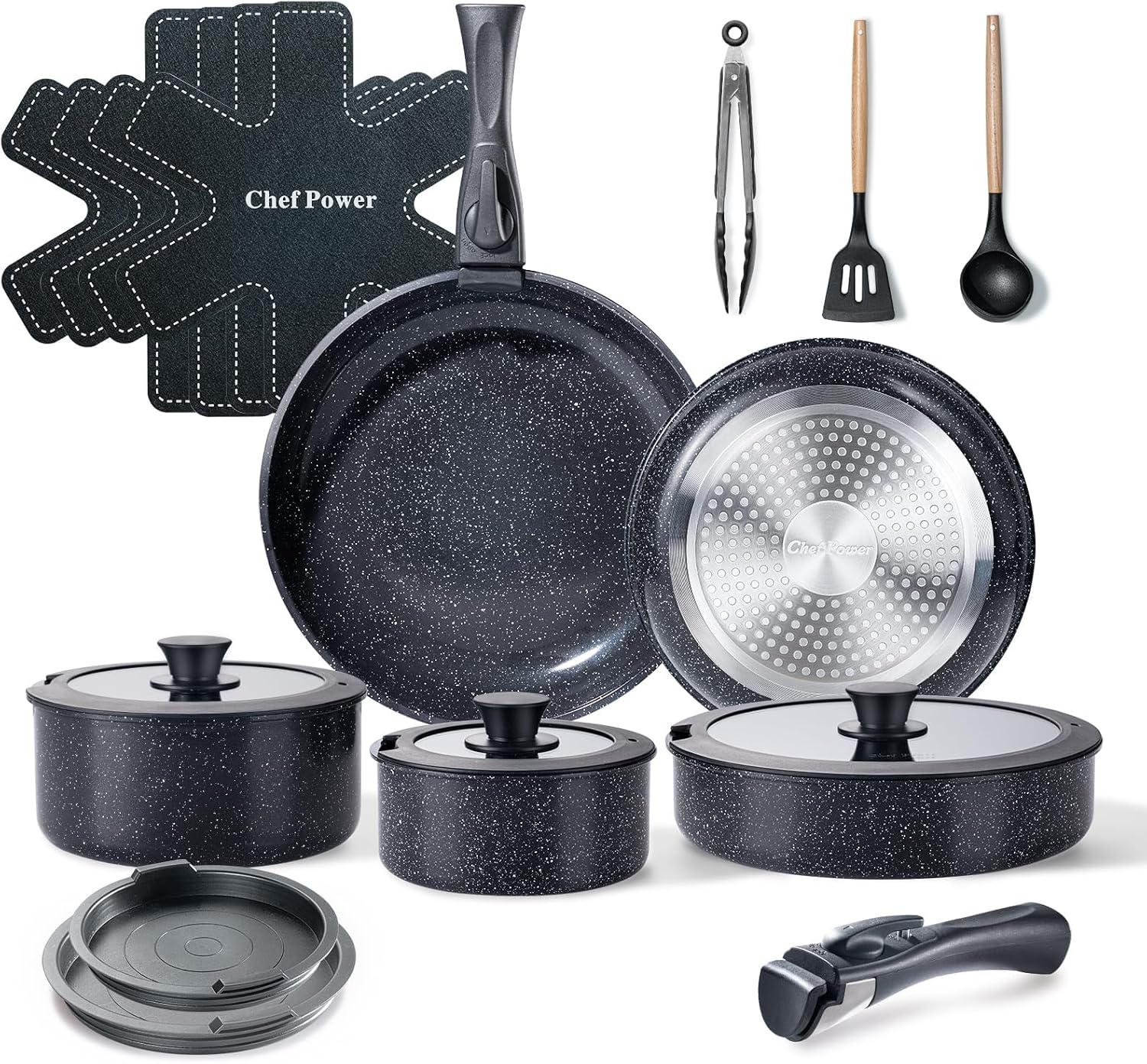 Chef Power Ceramic Cookware Set, 19 PCS Detachable Non Stick Pots and Pans