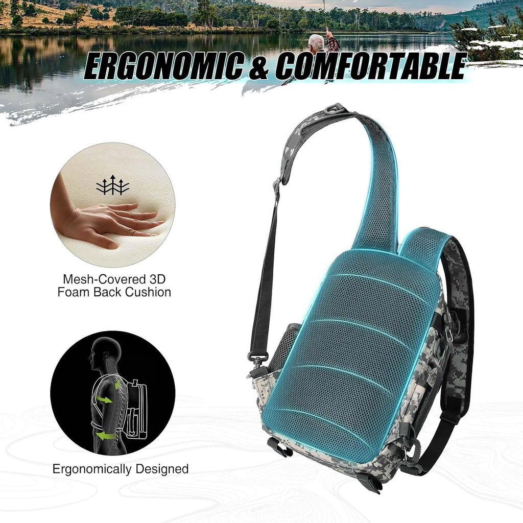 Piscifun Fishing Backpack, Rod Holders, Lightweight Sling Bag, Digital Camo