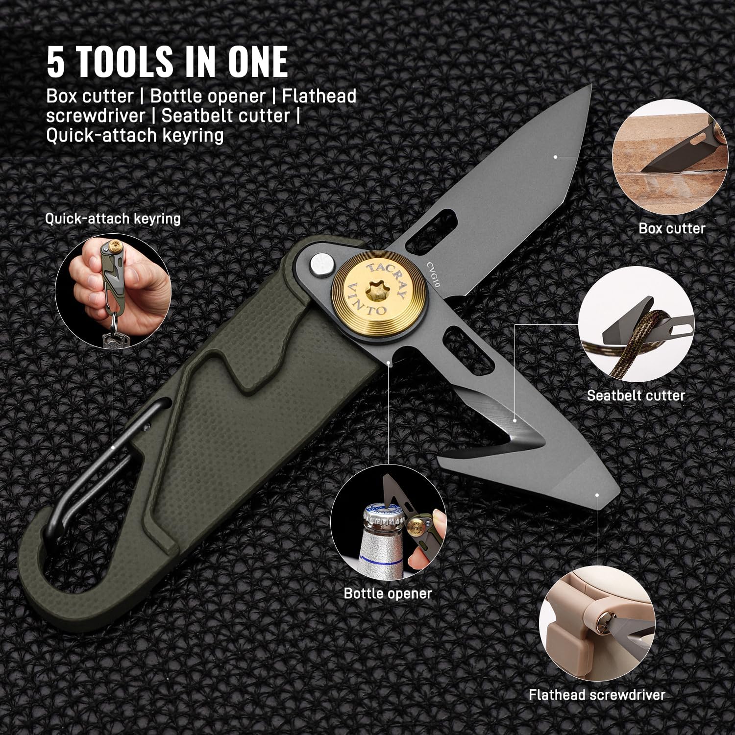 TACRAY Vinto 5-in-1 Pocket Multitool Folding Utility Knife for EDC