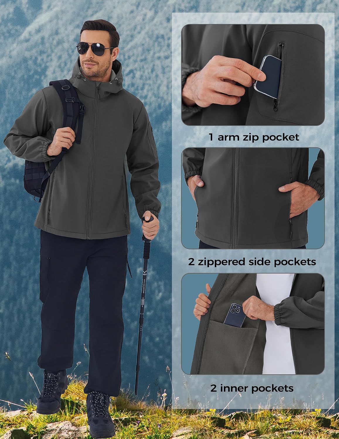 COOFANDY Men's Hooded Softshell Jacket Waterproof Fleece Lined Windbreaker Lightweight Outdoor Hiking Jacket