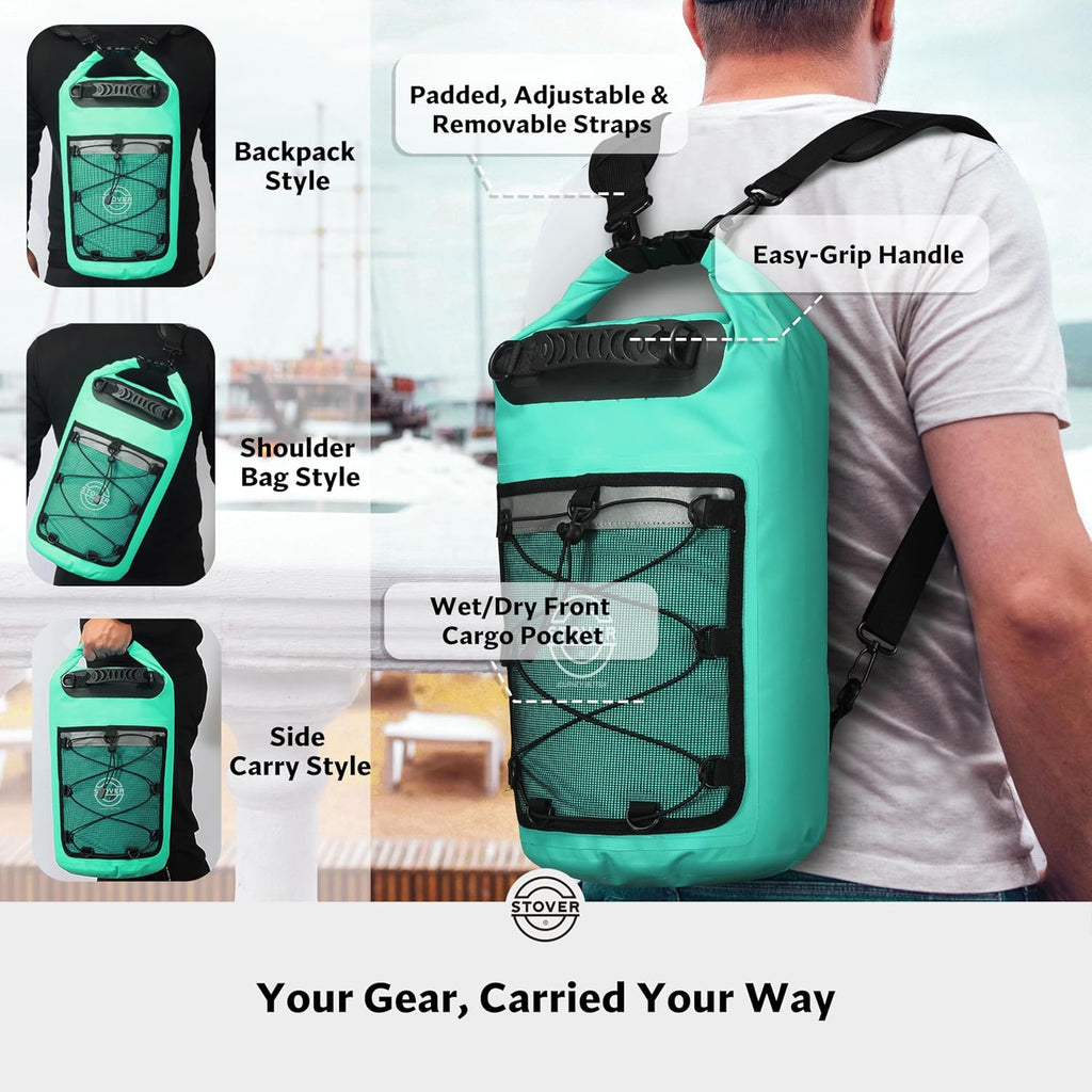 STOVER 5/10/25/30/40L Waterproof Dry Backpack & Phone Case- Large Floating Dry Bag for Kayaking, Travel, Hiking, Fishing, Camping, Motorcycles & Beach, Heavy-Duty Roll Top Men/Women (Teal)