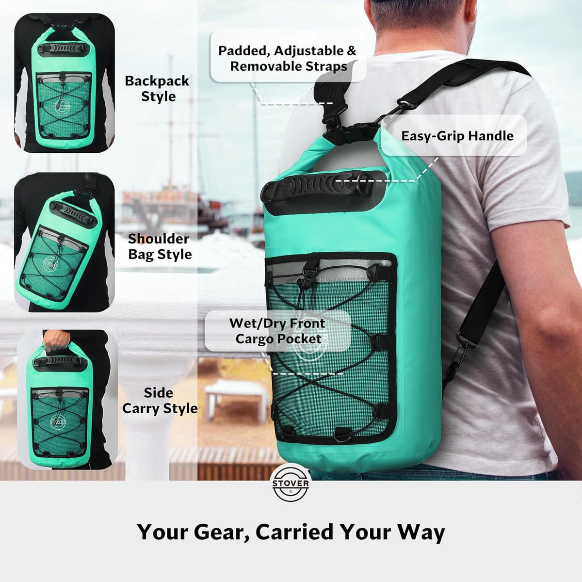 STOVER 5/10/25/30/40L Waterproof Dry Backpack & Phone Case- Large Floating Dry Bag for Kayaking, Travel, Hiking, Fishing, Camping, Motorcycles & Beach, Heavy-Duty Roll Top Men/Women (Teal)
