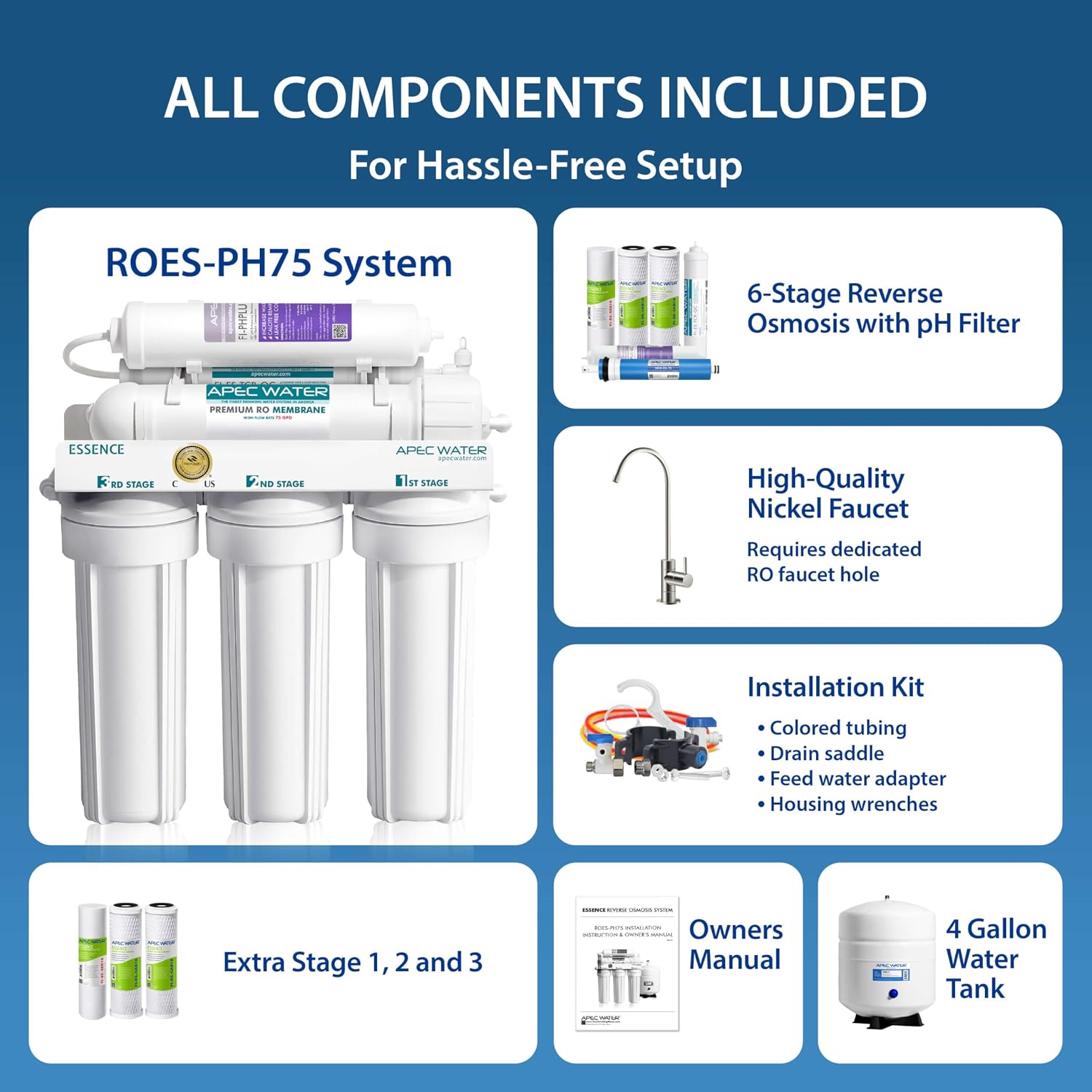 APEC Water ROES-PH75X, 6-Stage Under Sink RO System Alkaline, Extra Filters