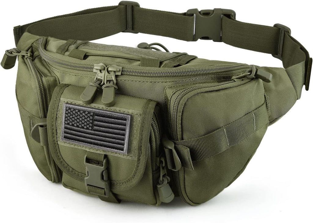 SOWHUP Tactical Fanny Pack,Military Waist Bag Pack with U.S Patch Utility Hip Belt Bumbag for Outdoor Fishing Hiking (Black(4 Zipper Pockets))