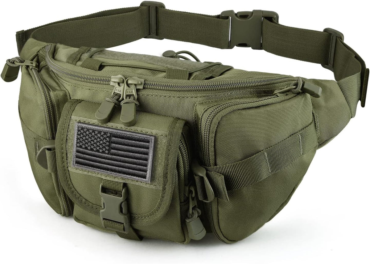 SOWHUP Tactical Fanny Pack,Military Waist Bag Pack with U.S Patch Utility Hip Belt Bumbag for Outdoor Fishing Hiking (Black(5 Zipper Pockets))