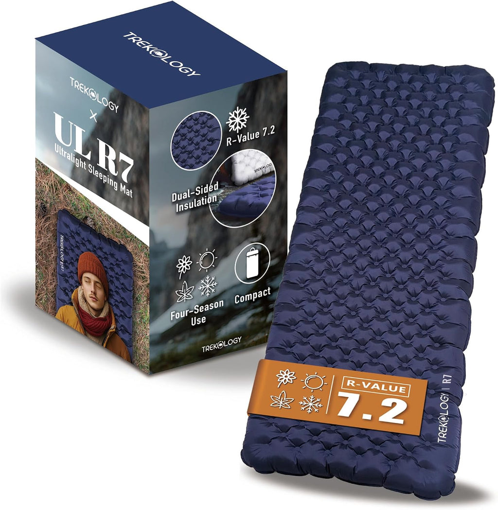 TREKOLOGY Sleeping Pad for Camping– Ultra-Lightweight, 4" Thick Camping Mat with 7.2 R-Value for All Seasons (Blue)