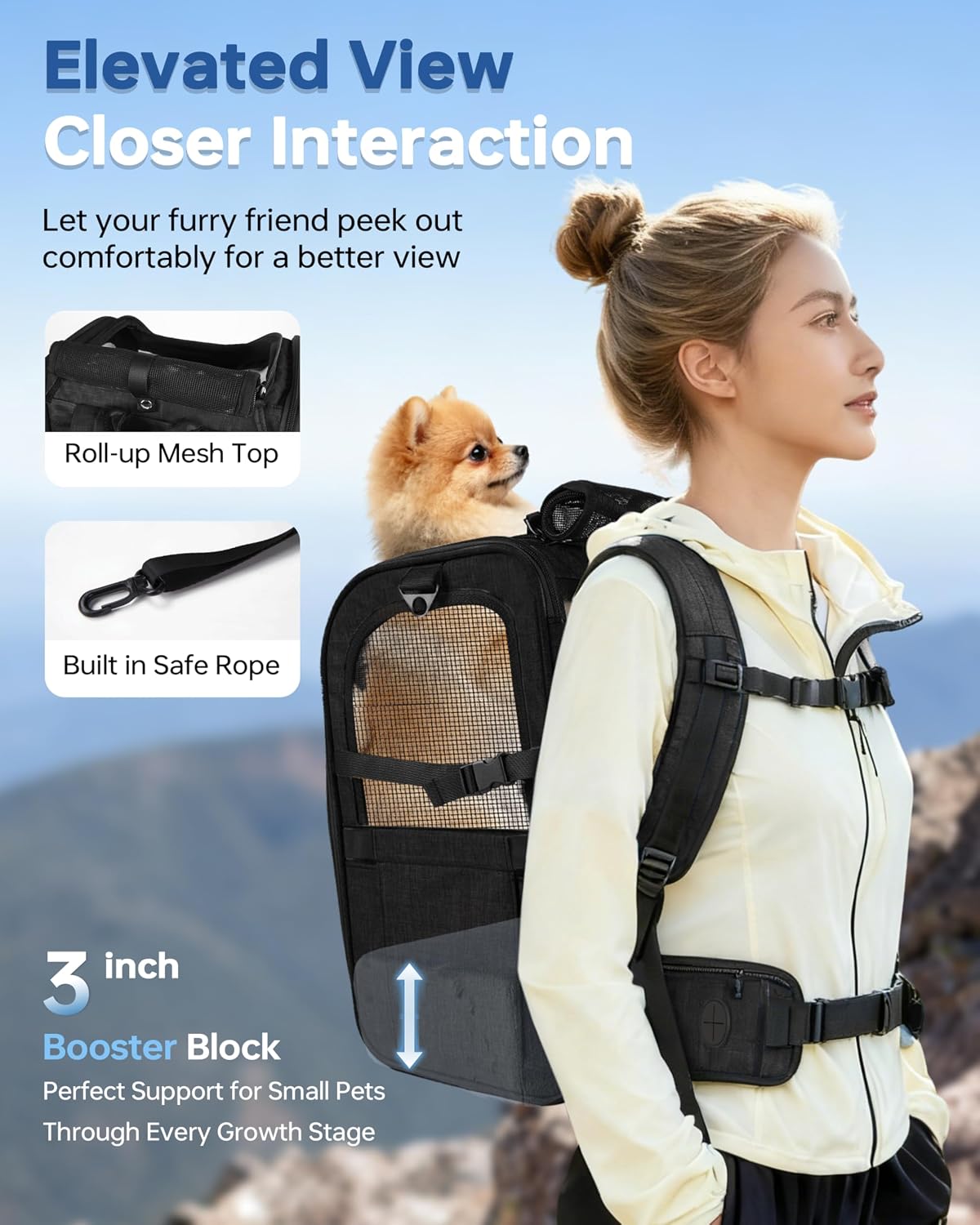 Hiking Dog Carrier Backpack, Padded Height-Enhancing Design, Adjustable Waist Cushioning Belt with Breathable Padded Back Support, Dog Carrier Backpack for Small Dogs Max 13LB Black with Pad