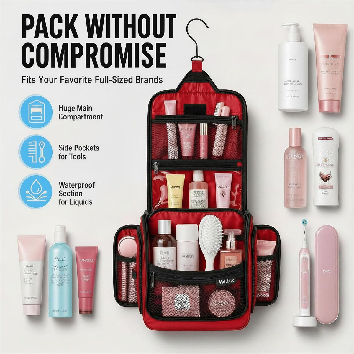 Travel Toiletry Bag for Men and Women - Large Hanging Toiletry Organizer - Waterproof Hygiene Bag with Metal XXL Swivel Hook, with Sturdy Zippers and 19 Compartments for Toiletries, Makeup, Cosmetics