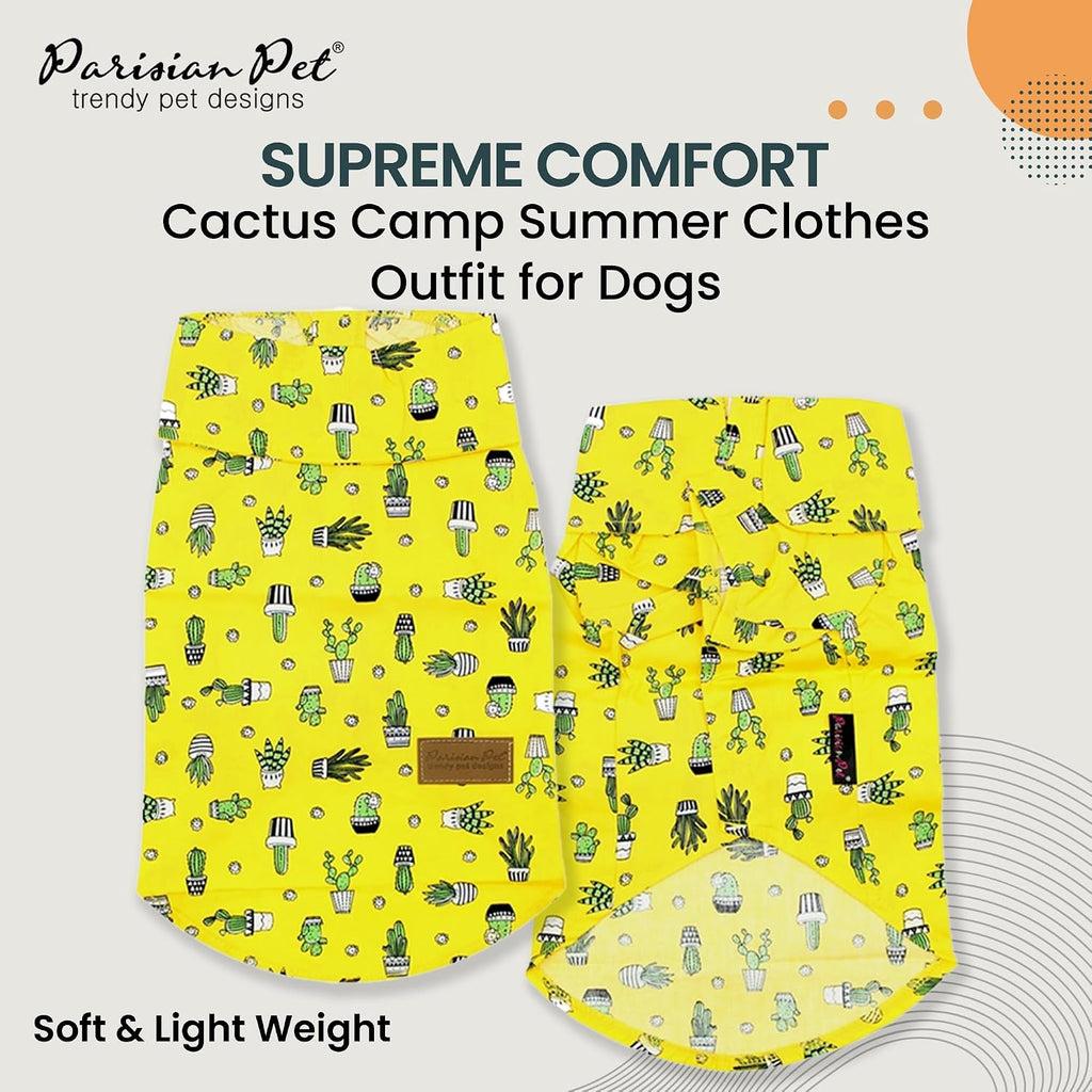 Parisian Pet Cactus Dog Shirt - Cotton Clothes for Medium Dogs - Stylish Tropical Yellow Dog Outfit - Lightweight and Soft Puppy Clothes - Trendy Tshirts for Dogs - Comfortable Summer Camp Pet Apparel