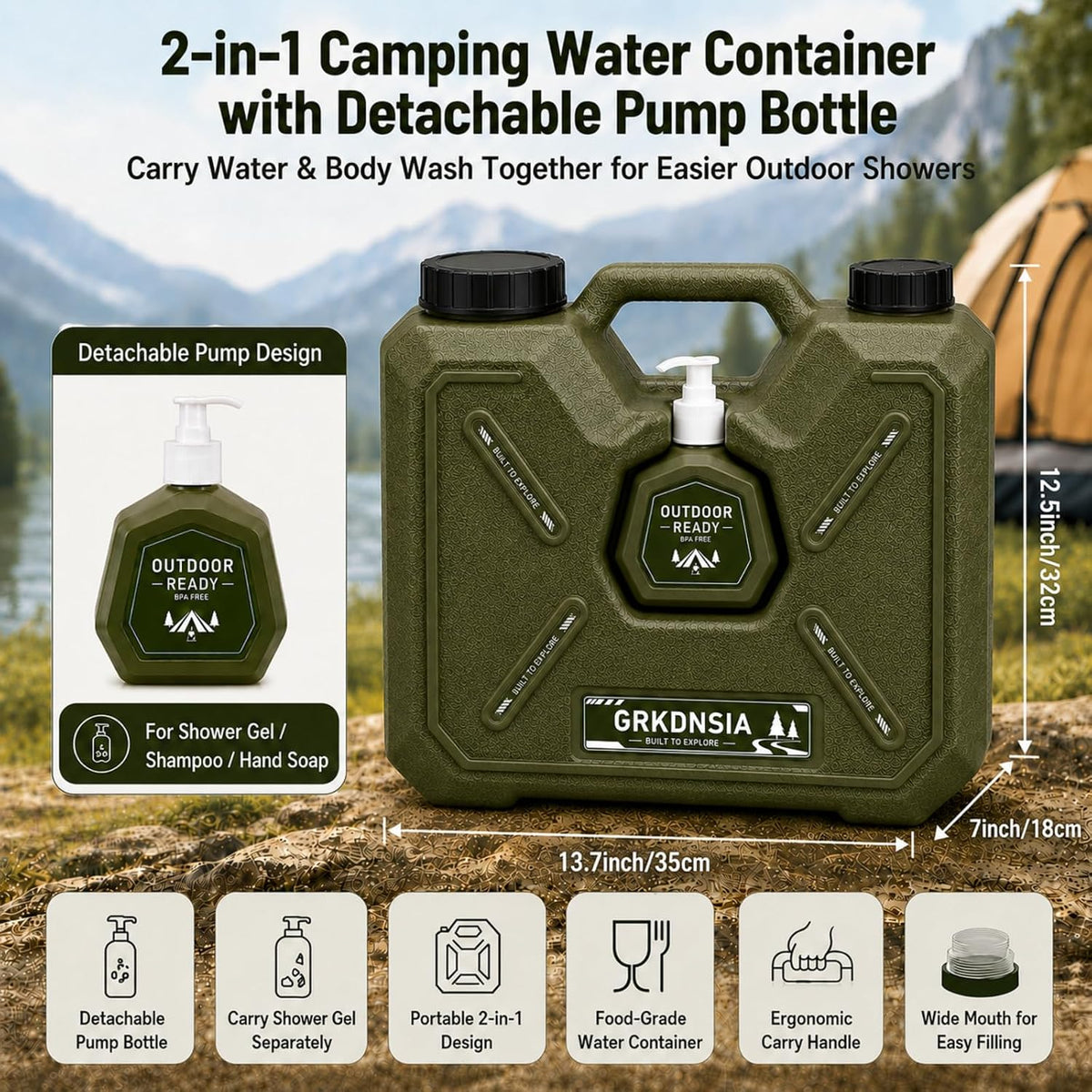 Camping Shower with Heater for USB Solar Charging Panel, Portable Shower Food-Grade Water Jug, 6000mAh Portable Shower Pump, 1500w Immersion Heater with Auto Shut-Off for Outdoor, Camping, Hiking