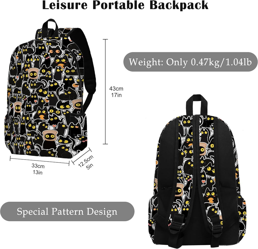Funny Black Cat School Backpack for Girls Boys Bookbag, 17 Inch Animals Theme Laptop Back Pack for School Travel Hiking Camping