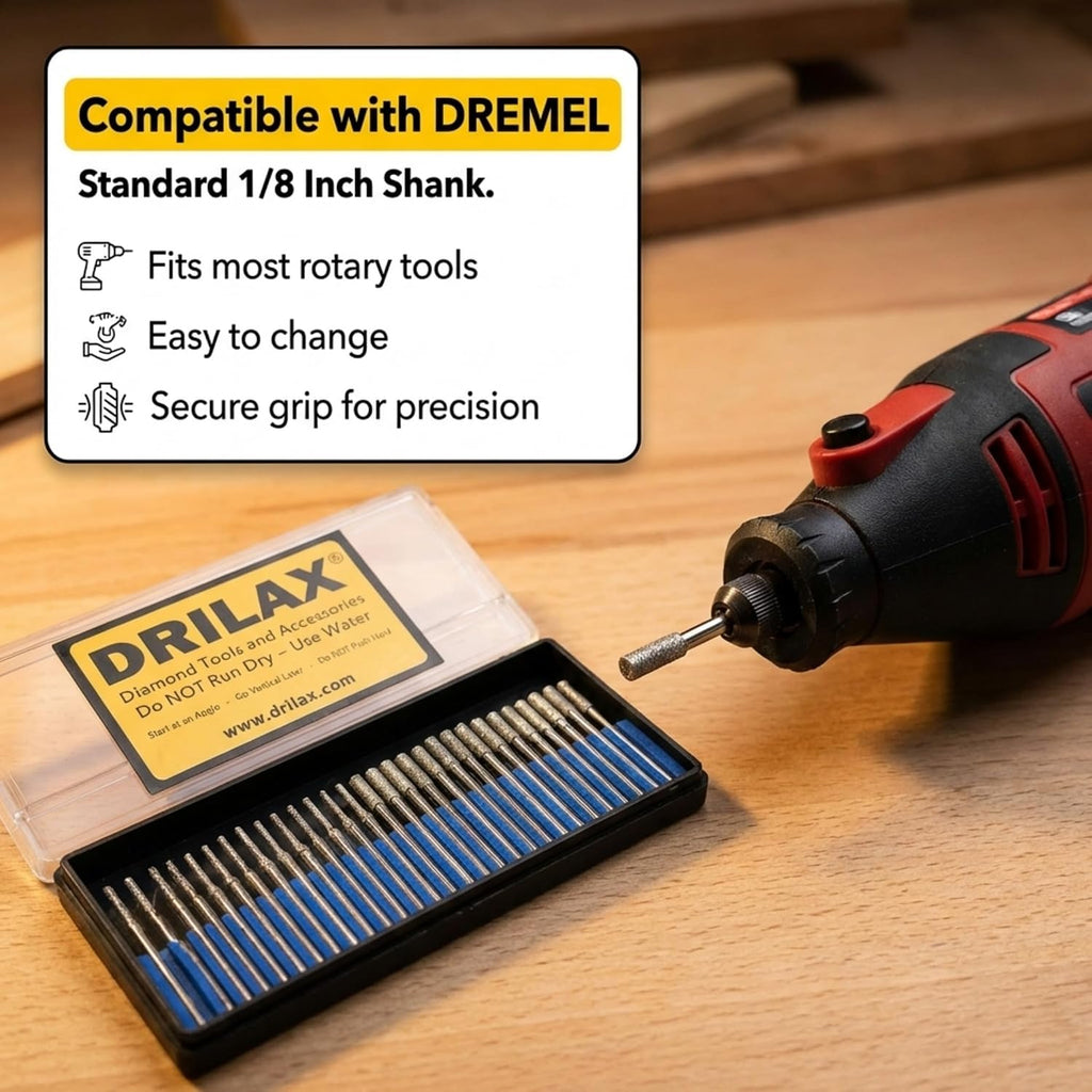 Drilax 30-Pc Diamond Drill Bit Set, 15x 2mm & 15x 3mm, 1/8 Inch Shank Dremel Compatible for Glass, Sea Glass, Gemstones, Ceramic & Lapidary Jewelry Making